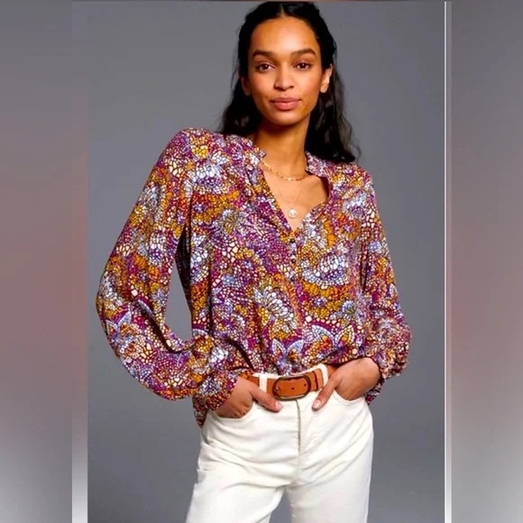 Maeve Tops - Anthropologie Maeve Kaleidoscope Mosaic Print Blouse Size Medium Boho V Neck Top
